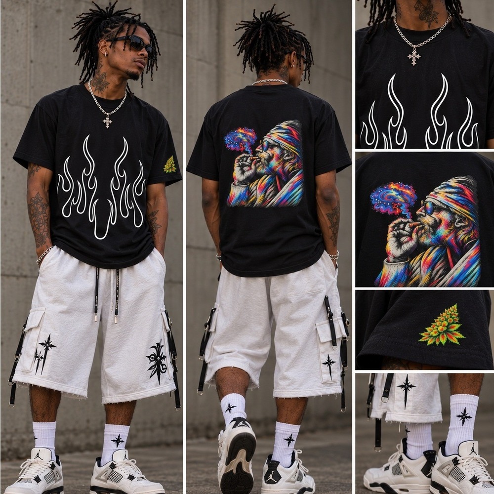 420 Graphic Shirt Mens Large (Fits) Black Art To Wear Embroidered Flames Hippie